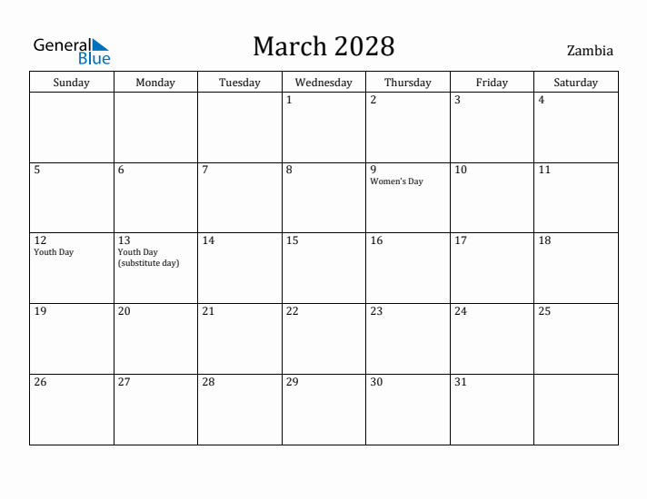 March 2028 Calendar Zambia