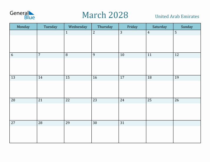 March 2028 Calendar with Holidays