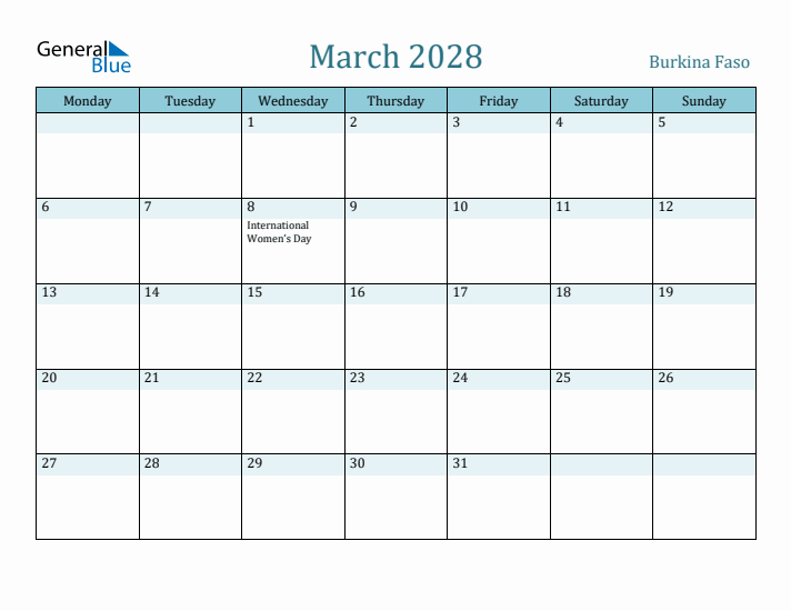 March 2028 Calendar with Holidays