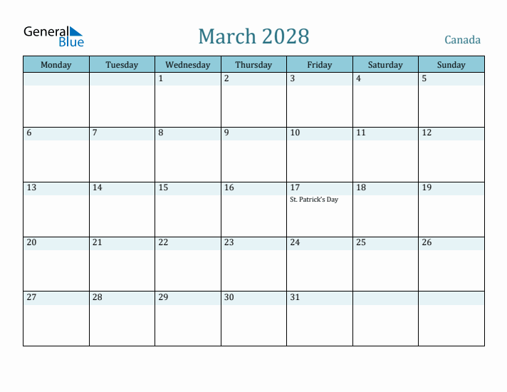 March 2028 Calendar with Holidays