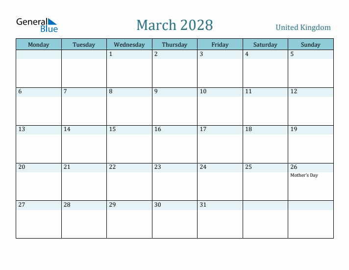 March 2028 Calendar with Holidays