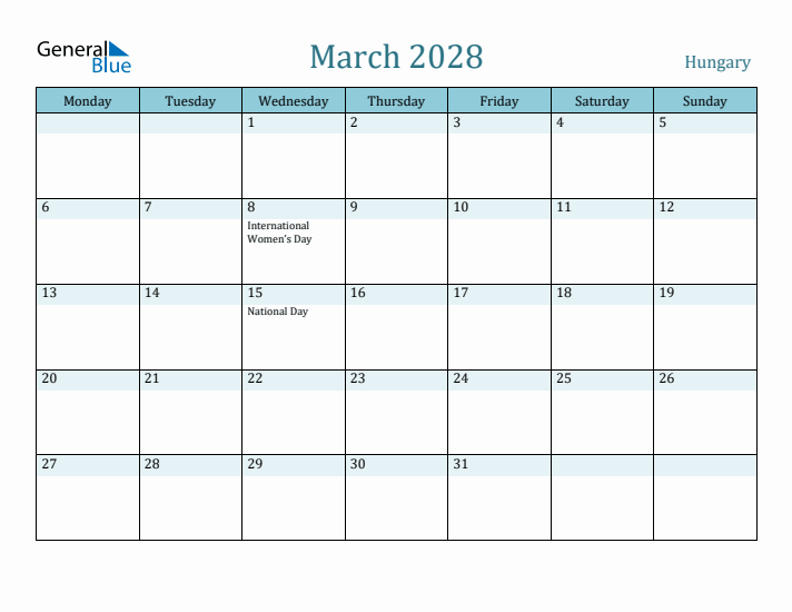 March 2028 Calendar with Holidays