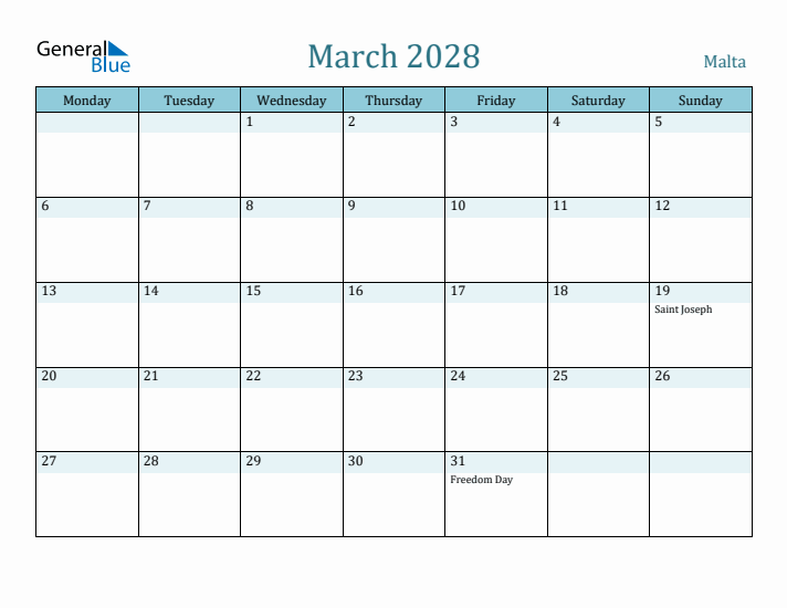 March 2028 Calendar with Holidays