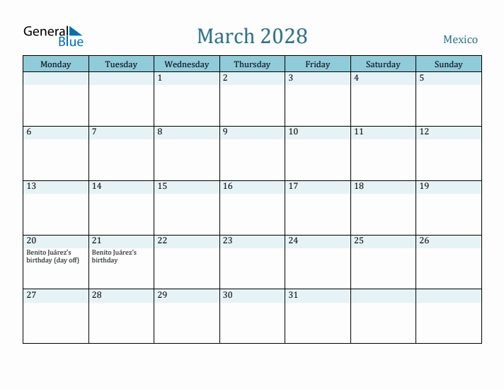 March 2028 Calendar with Holidays