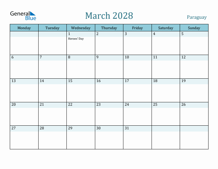 March 2028 Calendar with Holidays