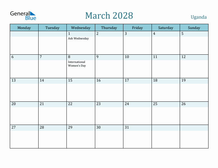 March 2028 Calendar with Holidays