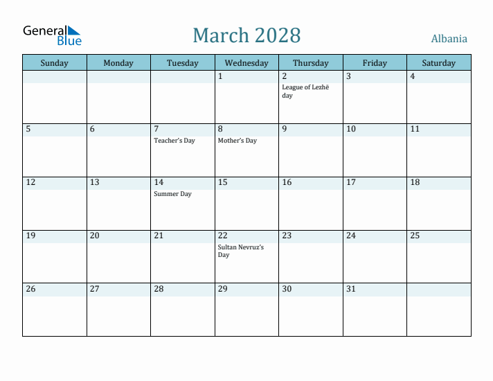 March 2028 Calendar with Holidays