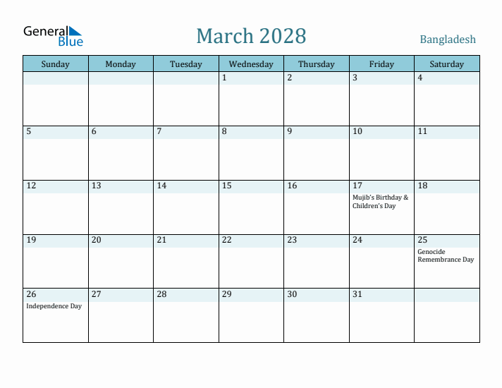 March 2028 Calendar with Holidays