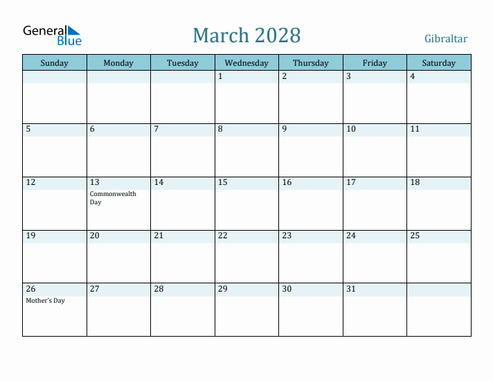 March 2028 Calendar with Holidays