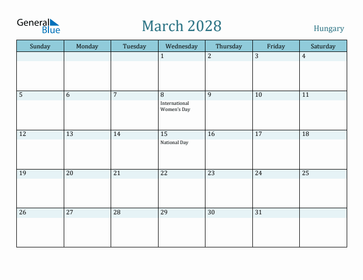 March 2028 Calendar with Holidays