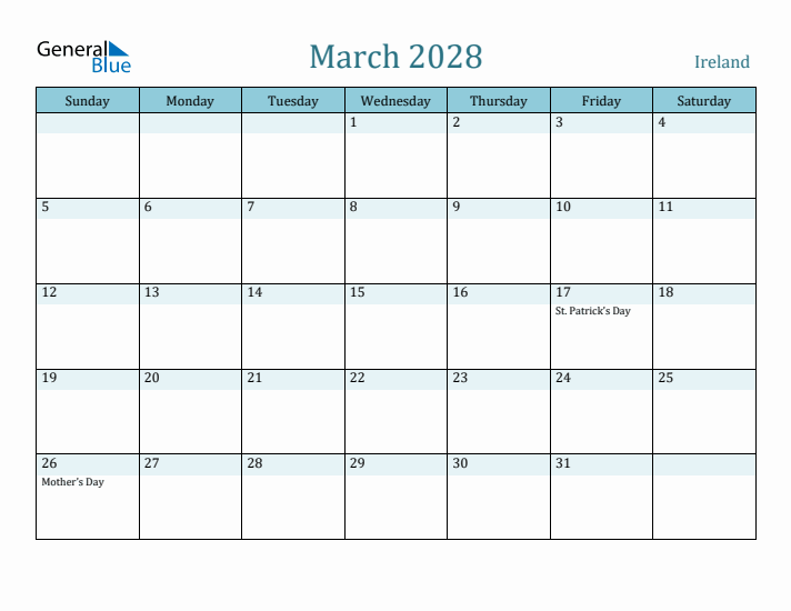 March 2028 Calendar with Holidays