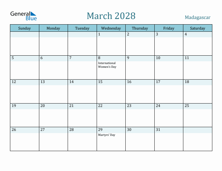 March 2028 Calendar with Holidays