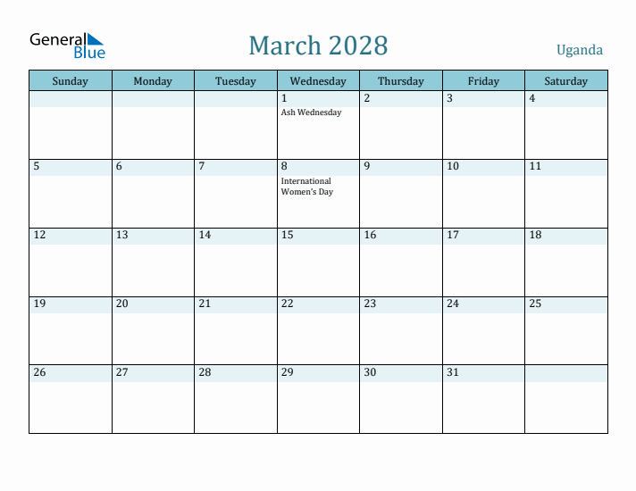 March 2028 Calendar with Holidays