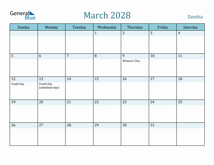 March 2028 Calendar with Holidays