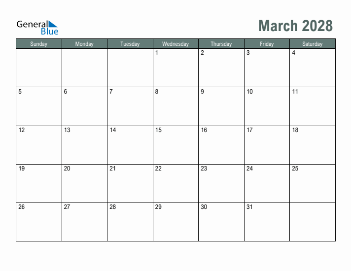 Free Printable March 2028 Calendar