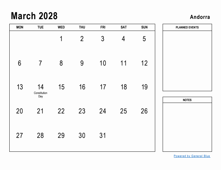 March 2028 Printable Monthly Calendar with Andorra Holidays