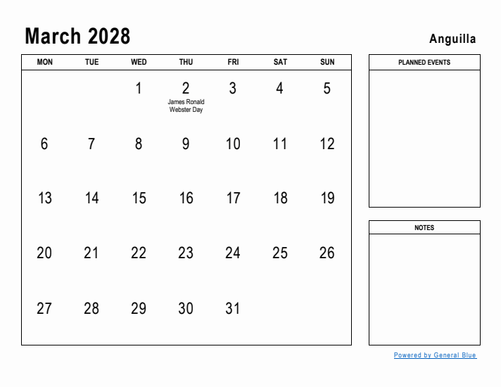 March 2028 Printable Monthly Calendar with Anguilla Holidays