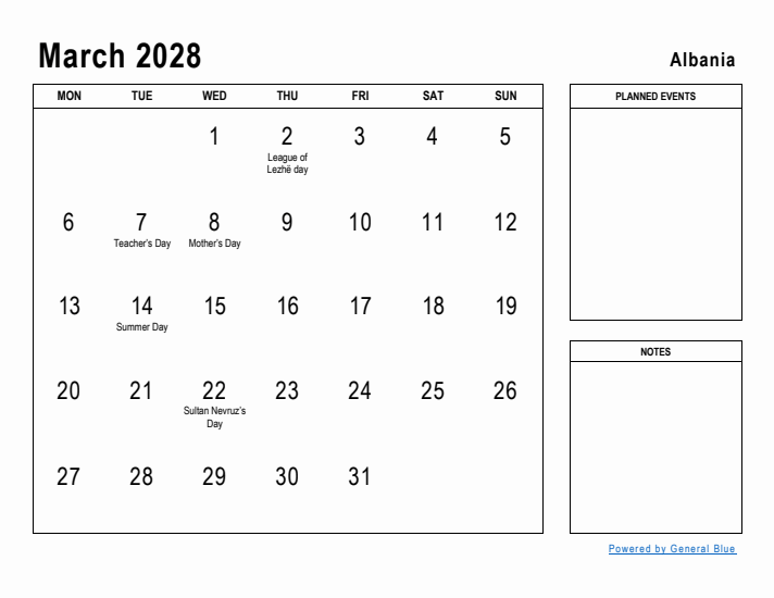 March 2028 Printable Monthly Calendar with Albania Holidays