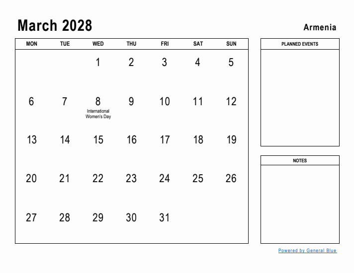 March 2028 Printable Monthly Calendar with Armenia Holidays