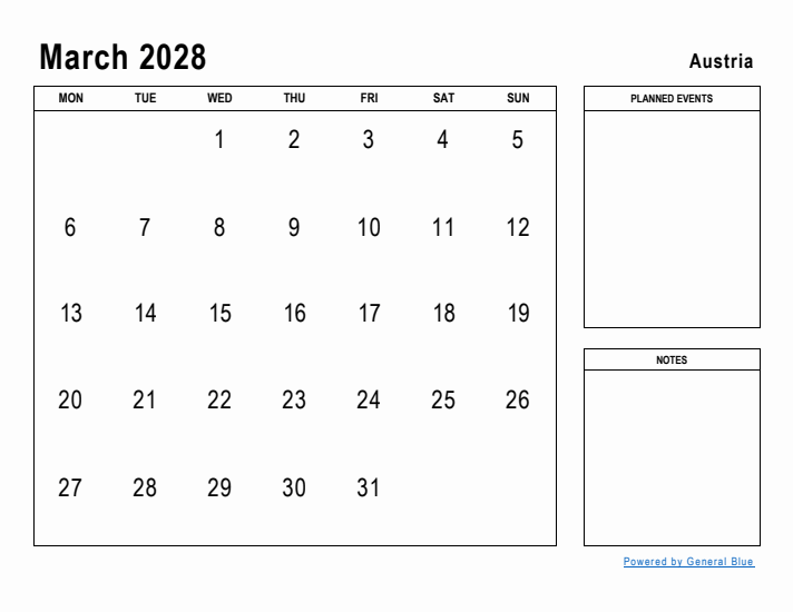 March 2028 Printable Monthly Calendar with Austria Holidays