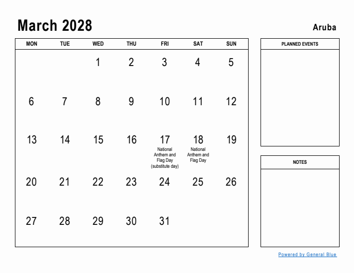 March 2028 Printable Monthly Calendar with Aruba Holidays