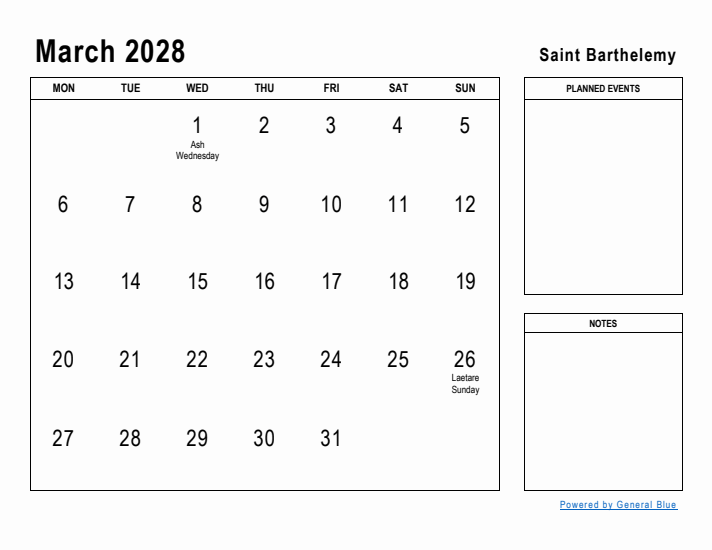 March 2028 Printable Monthly Calendar with Saint Barthelemy Holidays