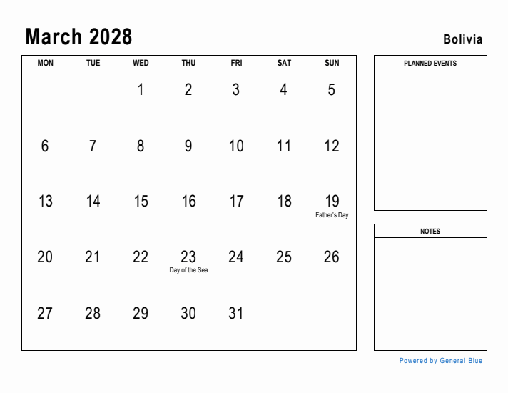 March 2028 Printable Monthly Calendar with Bolivia Holidays