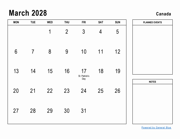 March 2028 Printable Monthly Calendar with Canada Holidays