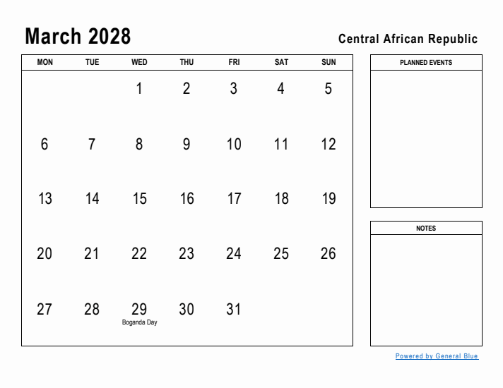 March 2028 Printable Monthly Calendar with Central African Republic Holidays