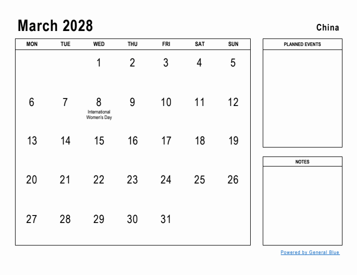 March 2028 Printable Monthly Calendar with China Holidays