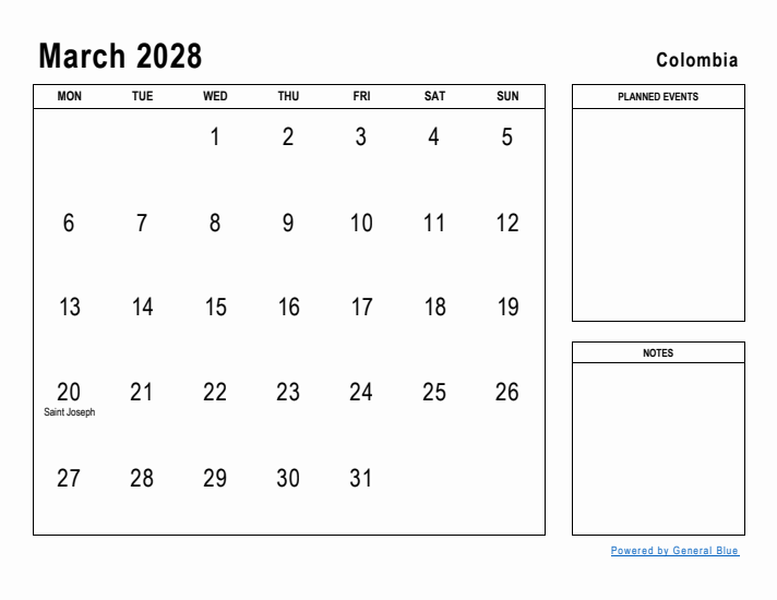 March 2028 Printable Monthly Calendar with Colombia Holidays