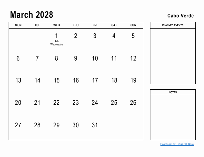 March 2028 Printable Monthly Calendar with Cabo Verde Holidays