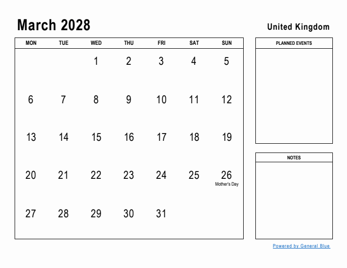 March 2028 Printable Monthly Calendar with United Kingdom Holidays