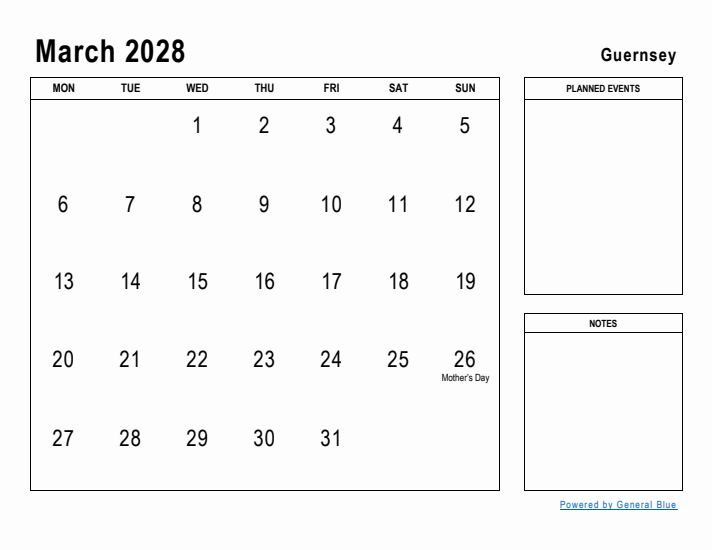 March 2028 Printable Monthly Calendar with Guernsey Holidays