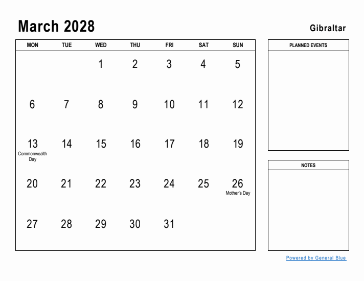 March 2028 Printable Monthly Calendar with Gibraltar Holidays