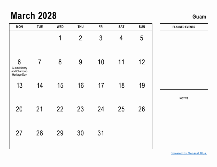 March 2028 Printable Monthly Calendar with Guam Holidays