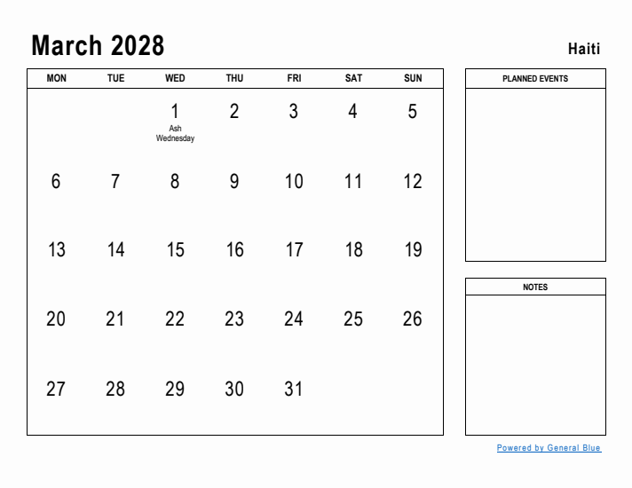 March 2028 Printable Monthly Calendar with Haiti Holidays