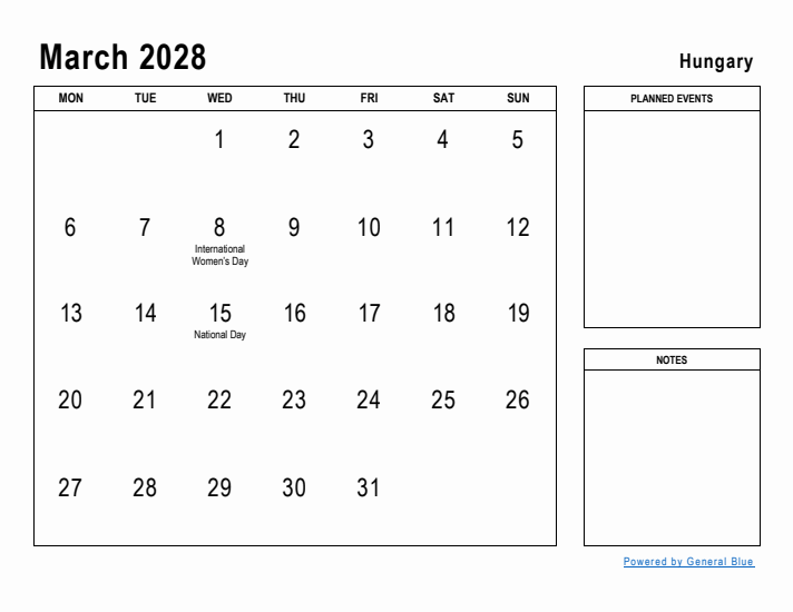 March 2028 Printable Monthly Calendar with Hungary Holidays