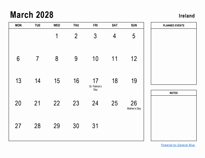 March 2028 Printable Monthly Calendar with Ireland Holidays