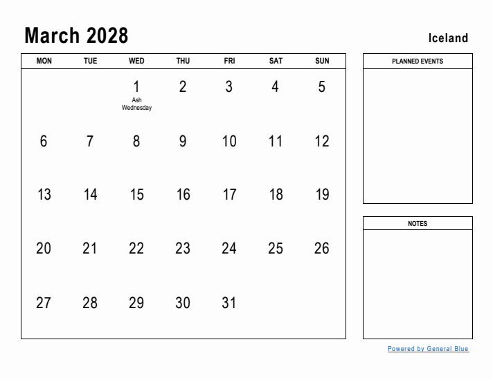 March 2028 Printable Monthly Calendar with Iceland Holidays