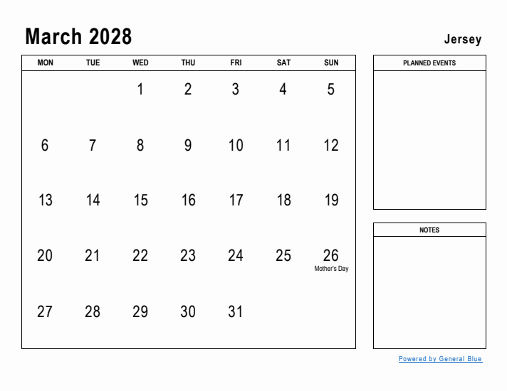 March 2028 Printable Monthly Calendar with Jersey Holidays