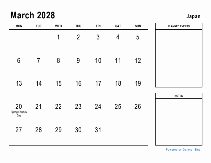 March 2028 Printable Monthly Calendar with Japan Holidays