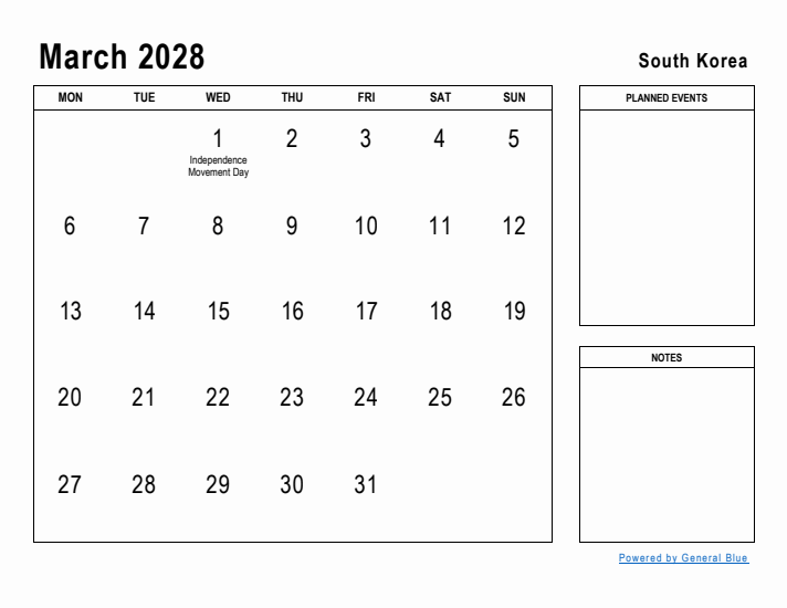 March 2028 Printable Monthly Calendar with South Korea Holidays