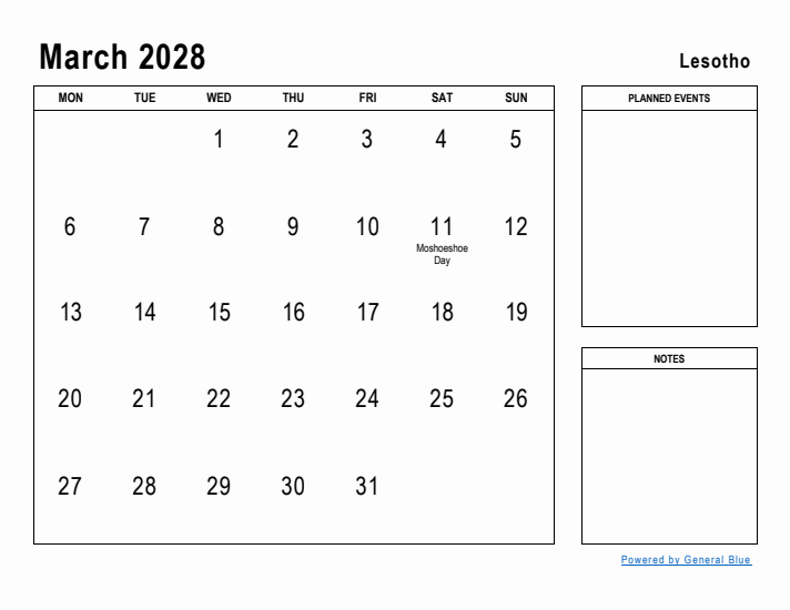 March 2028 Printable Monthly Calendar with Lesotho Holidays