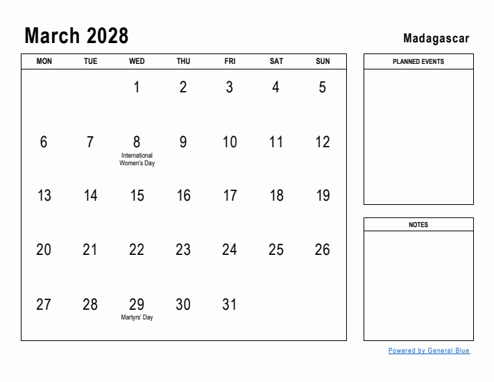 March 2028 Printable Monthly Calendar with Madagascar Holidays