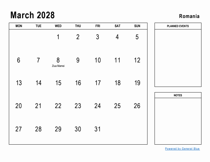 March 2028 Printable Monthly Calendar with Romania Holidays