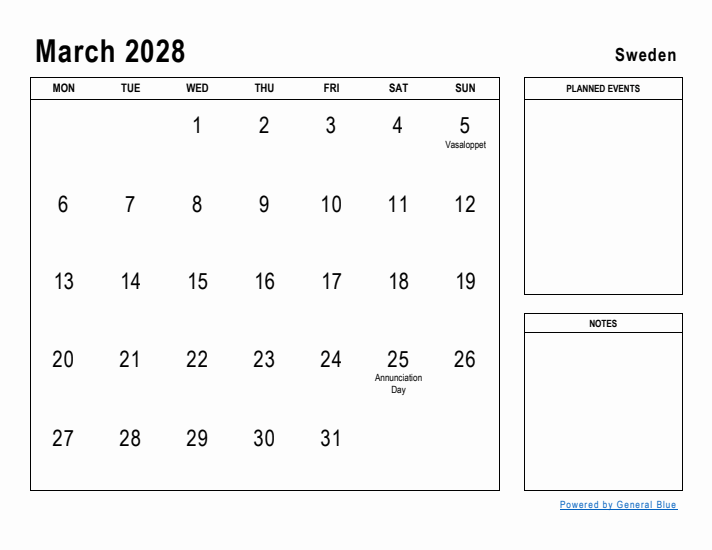 March 2028 Printable Monthly Calendar with Sweden Holidays