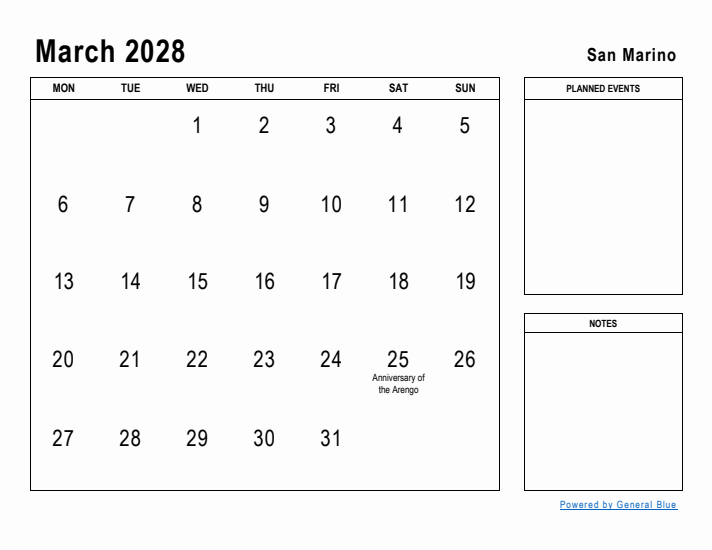 March 2028 Printable Monthly Calendar with San Marino Holidays