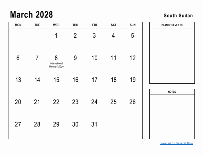 March 2028 Printable Monthly Calendar with South Sudan Holidays