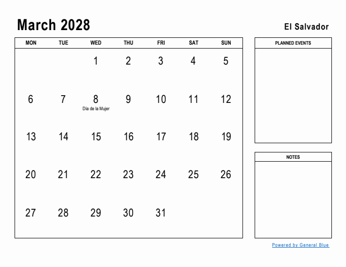 March 2028 Printable Monthly Calendar with El Salvador Holidays